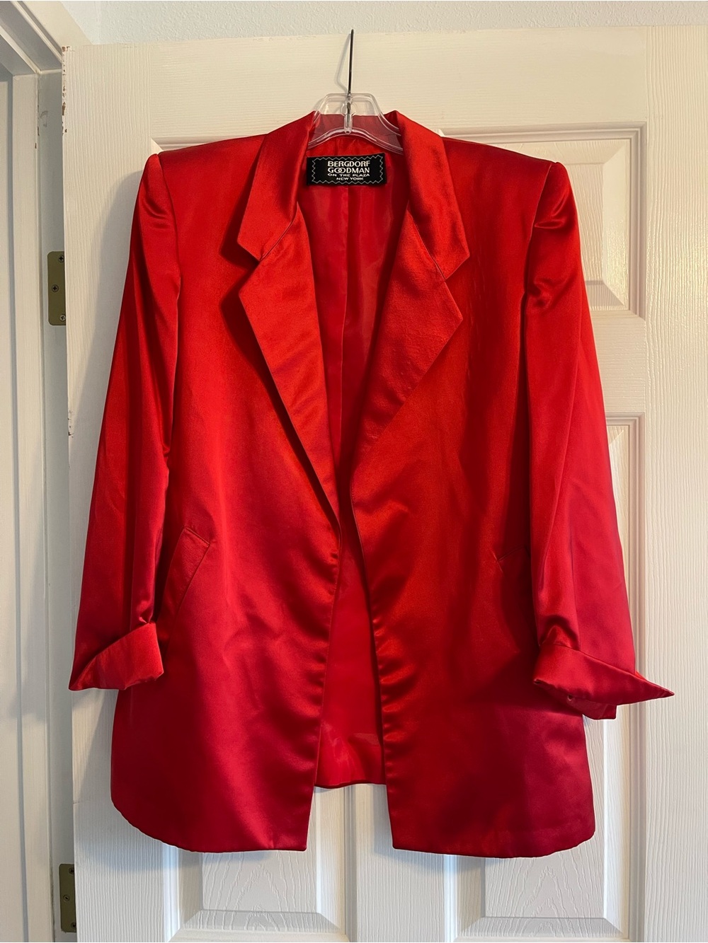 VTG 1980s Bergdorf Goodman Red Satin Power Blazer - Open Front Lounge Jacket